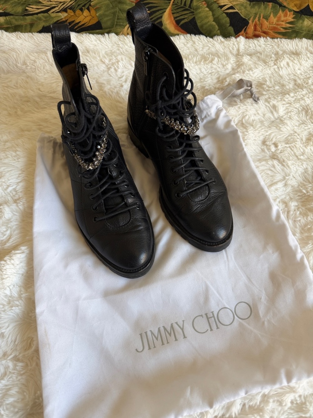 Jimmy Choo Black Leather Lace-Up Combat Boots with Crystal Chain